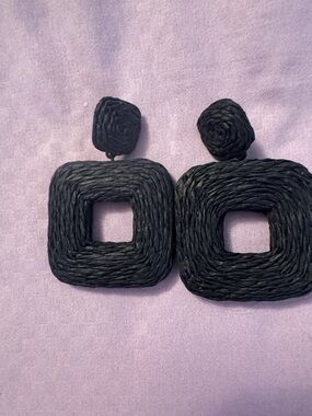 Black Square Raffia Dangle Earrings - Women Jewelry